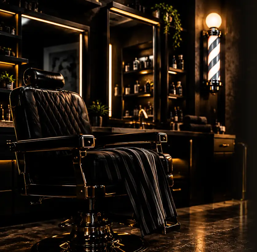 Cadeira de barbeiro em uma barbearia escura, com poste de barbeiro iluminado ao fundo
